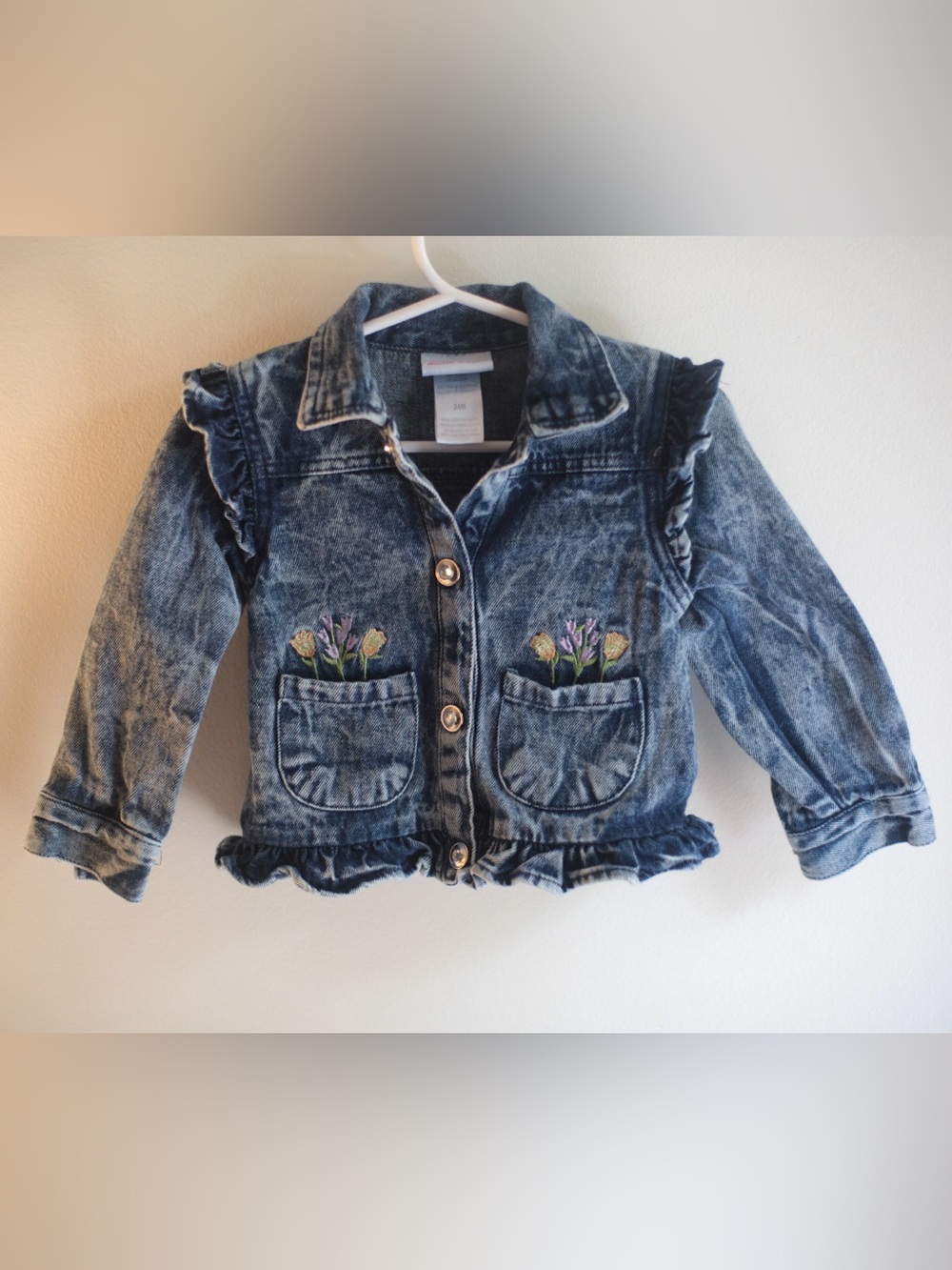 Little Lass Floral Embroidered Denim Ruffle Jacket 24M